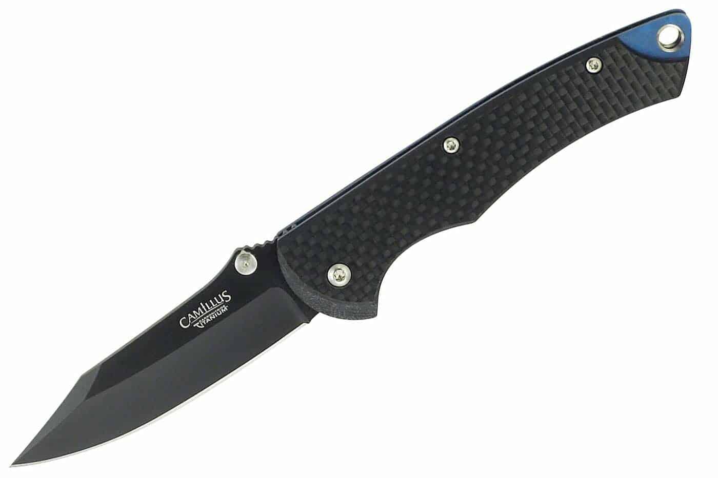 This relatively small tactical knife has a 2.75 inch blade and a carbon fiber handle. Pictured here on a white background. 