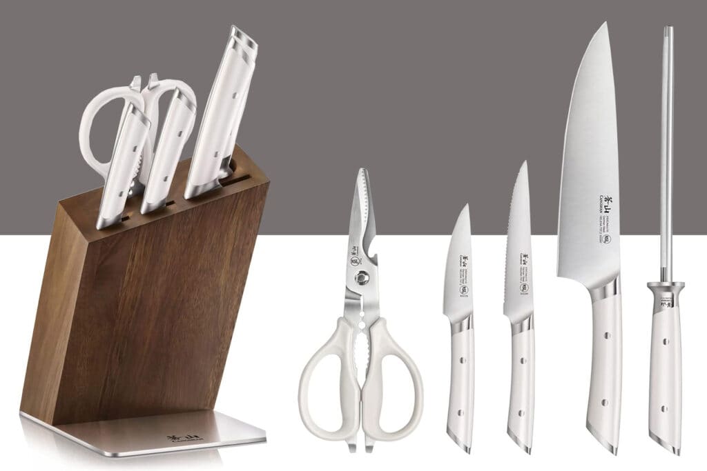 A collage featuring two seperate images of the Cangshan 6-piece knife set. The set is shown with the knives inside the storage block on the left and outside the storage block on the right.
