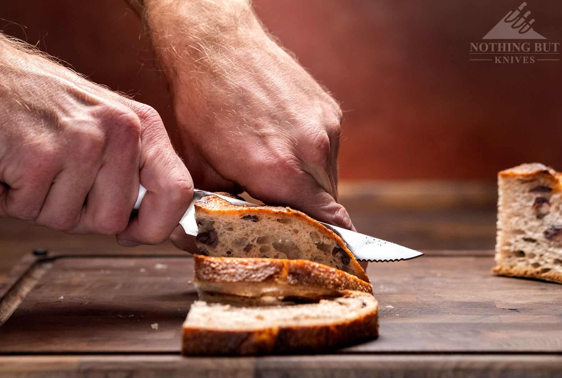 The serrated utility knife included with this set is more than capable of handling bread or other baked good. 