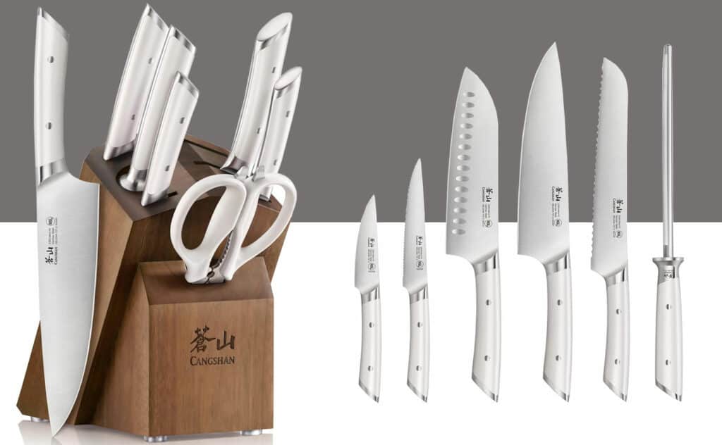 The Cangshan Helena 8-Piece kitchen knife set offers excellent value at the under $200 price point.