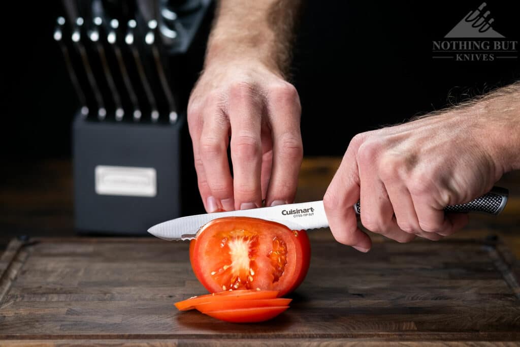 The 5.5" serrated utility knife did a great job of cutting consistent sized slices on a tomato. 
