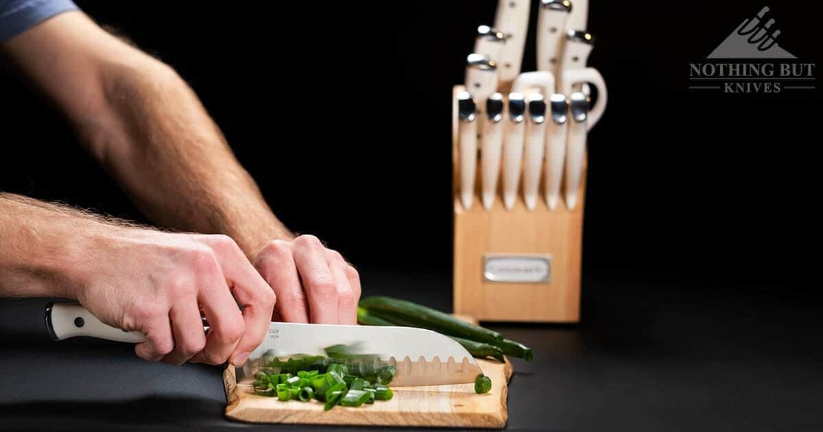 Chopping green onions with the Cuisinart-C77WTR santoku knife.