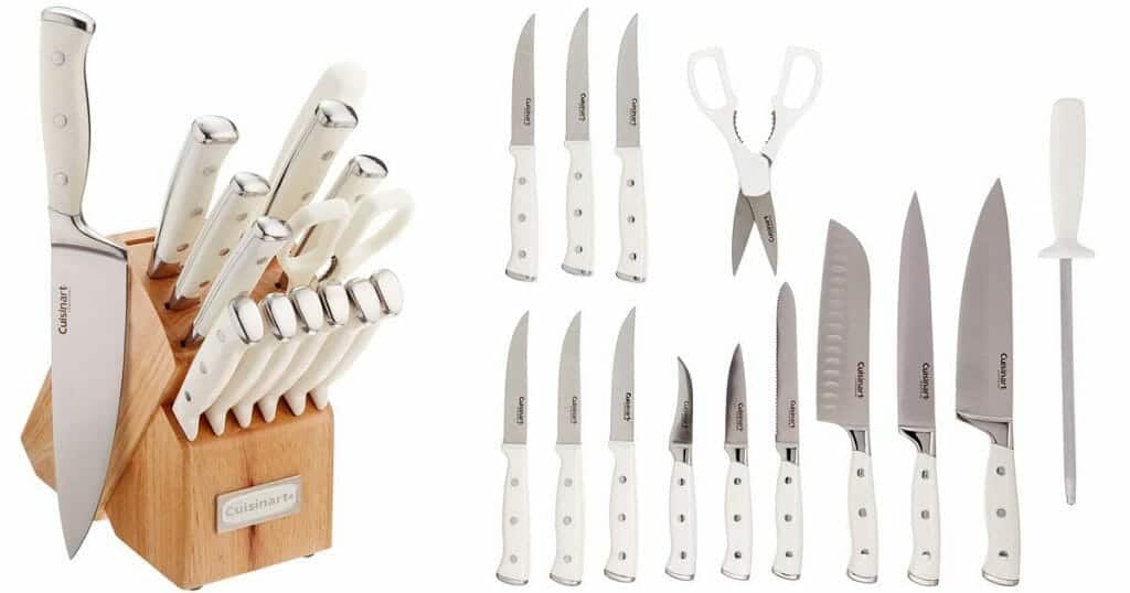 The 15 Piece Classic White knife set from Cuisinart shown inside the wooden storage blode and outside the storage block on a white background. 