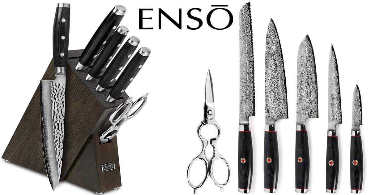 The Enso HD seven piece kitchen knife set shown with the knives inside the storage block on the left and outside the storage block on the right. 