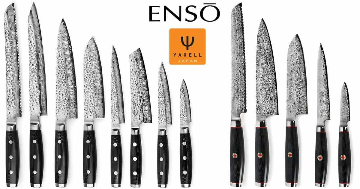 This photo shows both Enso knife series. Enso HD series knives are on the left and SG2 series knives are on the right.