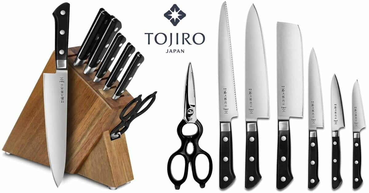 This image shows the Japanese made Tojiro DP slim knife set in the wood block and outside the block on a white background.