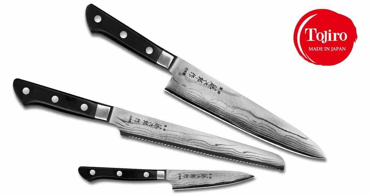 Best Japanese Knife Set From Budget To Premium - 2023 Update 25 The 3 piece Tojiro DP Damascus knife set on a white background with the Tojiro logo in the top right