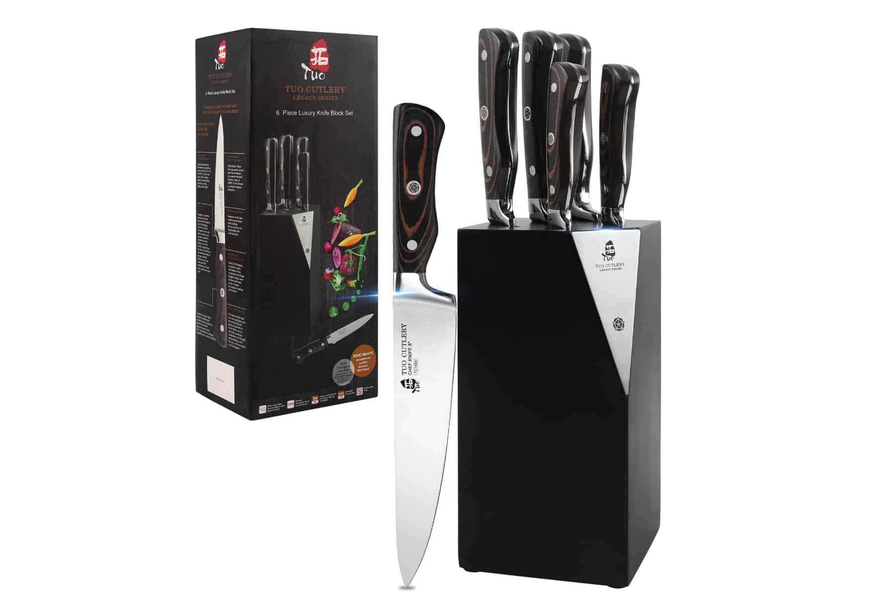 The Tuo Cutlery Legacy Six Piece Knife Set features an artistic storage block, comfortable handles and sharp blades.