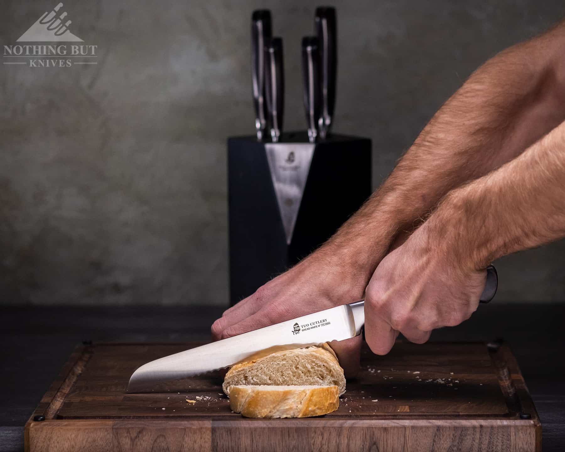 The bread knife included in the Tuo Legacy 6-piece knife set did well, but not great.