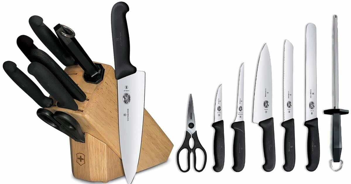 The Victorinox Fibrox 8-Piece Block Set shown qith the knives shown both in and out of the wood storage block. 