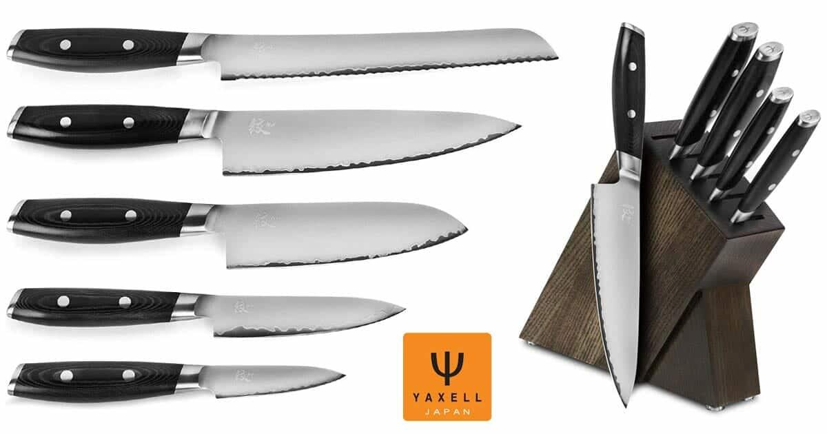 Yaxell Mon 6 Piece knife set with a dark ash storage block. This is a good budget option for a quality Japanese knife set in 2021.