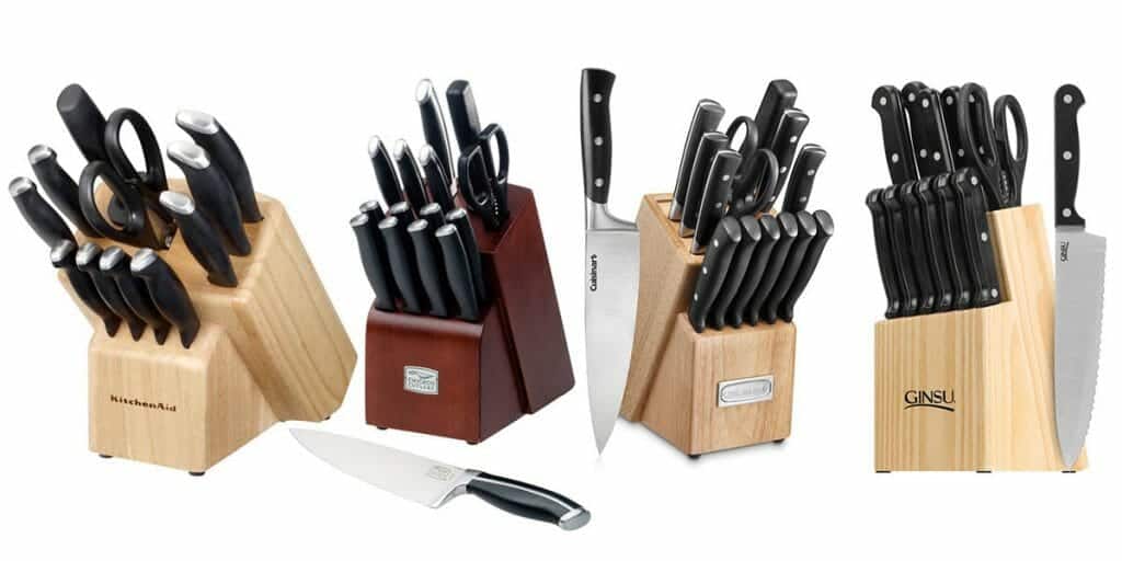 Great kitchen cutlery sets under 100 dollars. This image features four of the knife series sets we tested from Ginsu, Chicago Cutlery, Kitchenaid and Cuisenart.