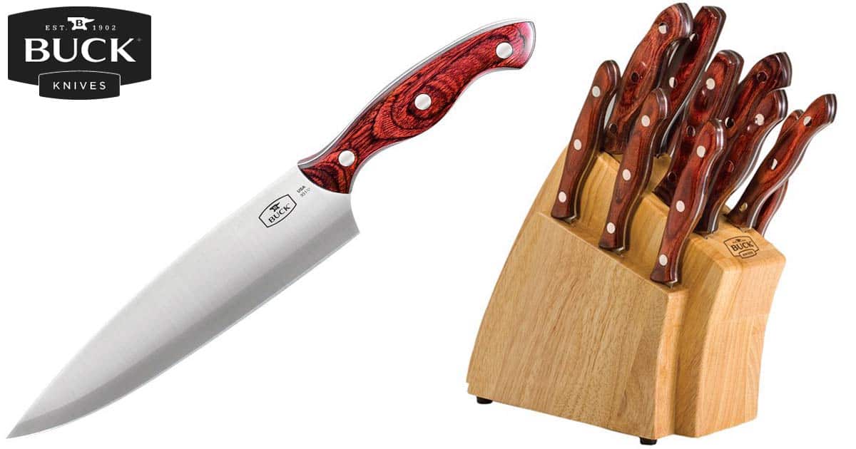 Best Professional And High End Kitchen Knife Sets In 2023 31 Buck Knives 13 piece professional cutlery set inside the storage block on a white background.
