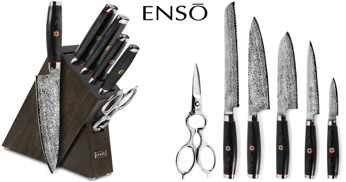 Two part image showing the Enso SG2 7 Piece Knife Set with knives inside the dark Ash block on the left and outside the block on the right.