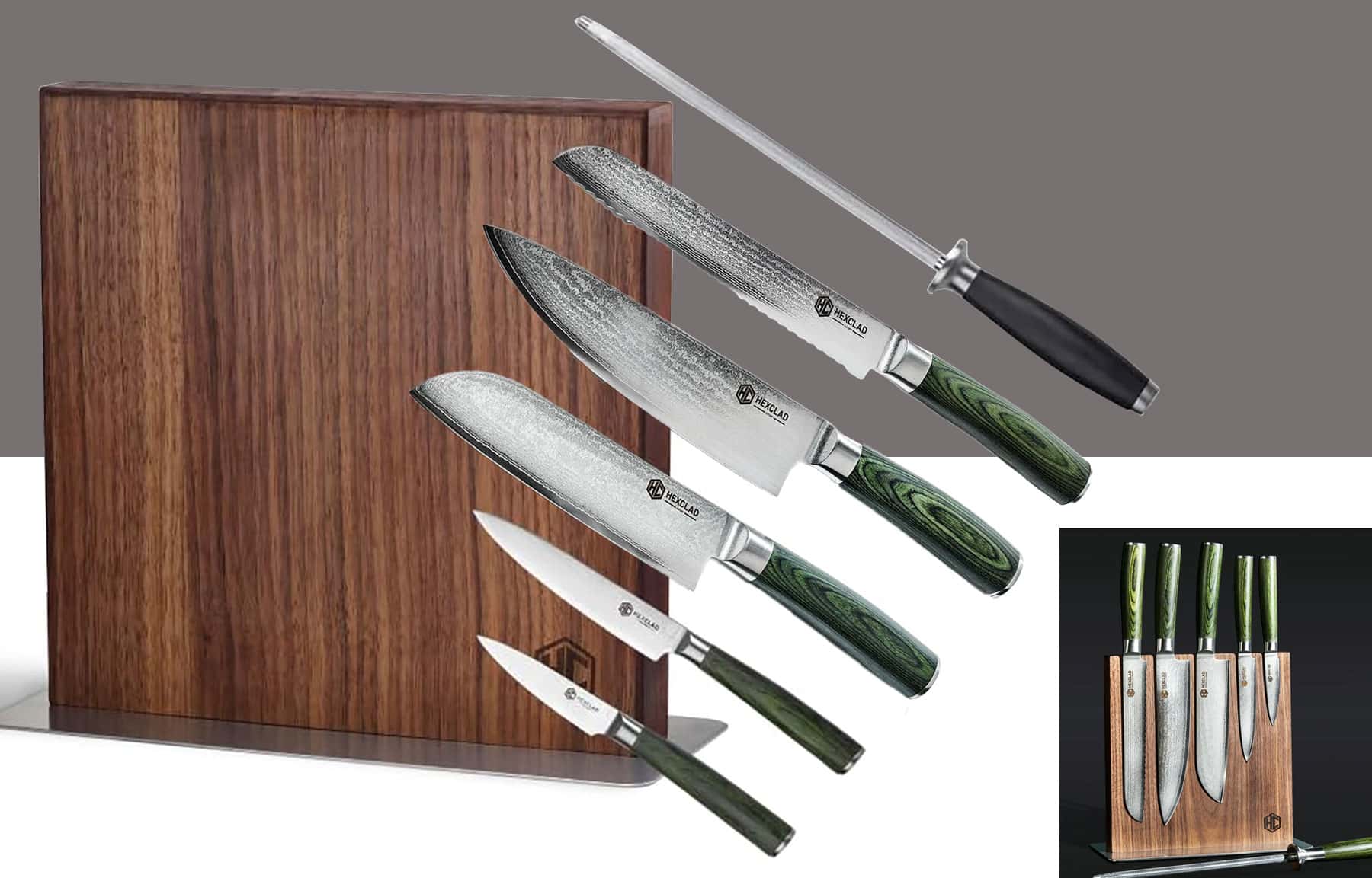 Best High-End Knife Sets For Professional Or Home Use - Image 11 A two-image collage that shows a photo on the right side that features the six knives included in this set in front of the magnetic storage block and a small photo on the bottom right that shows the knives attached to the storage block.