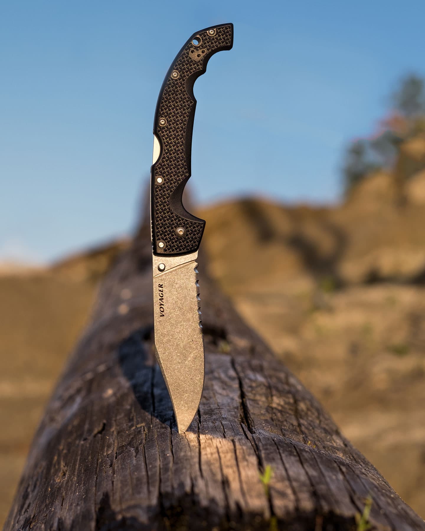 The Cold Steel Voyager XL folding knife sticking out of a log with blue sky in the background.