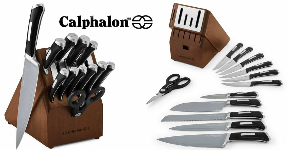 The Calphalon 23 piece kitchen cutlery set shown both in it's wood storage block and out of it's storage block on a white background.