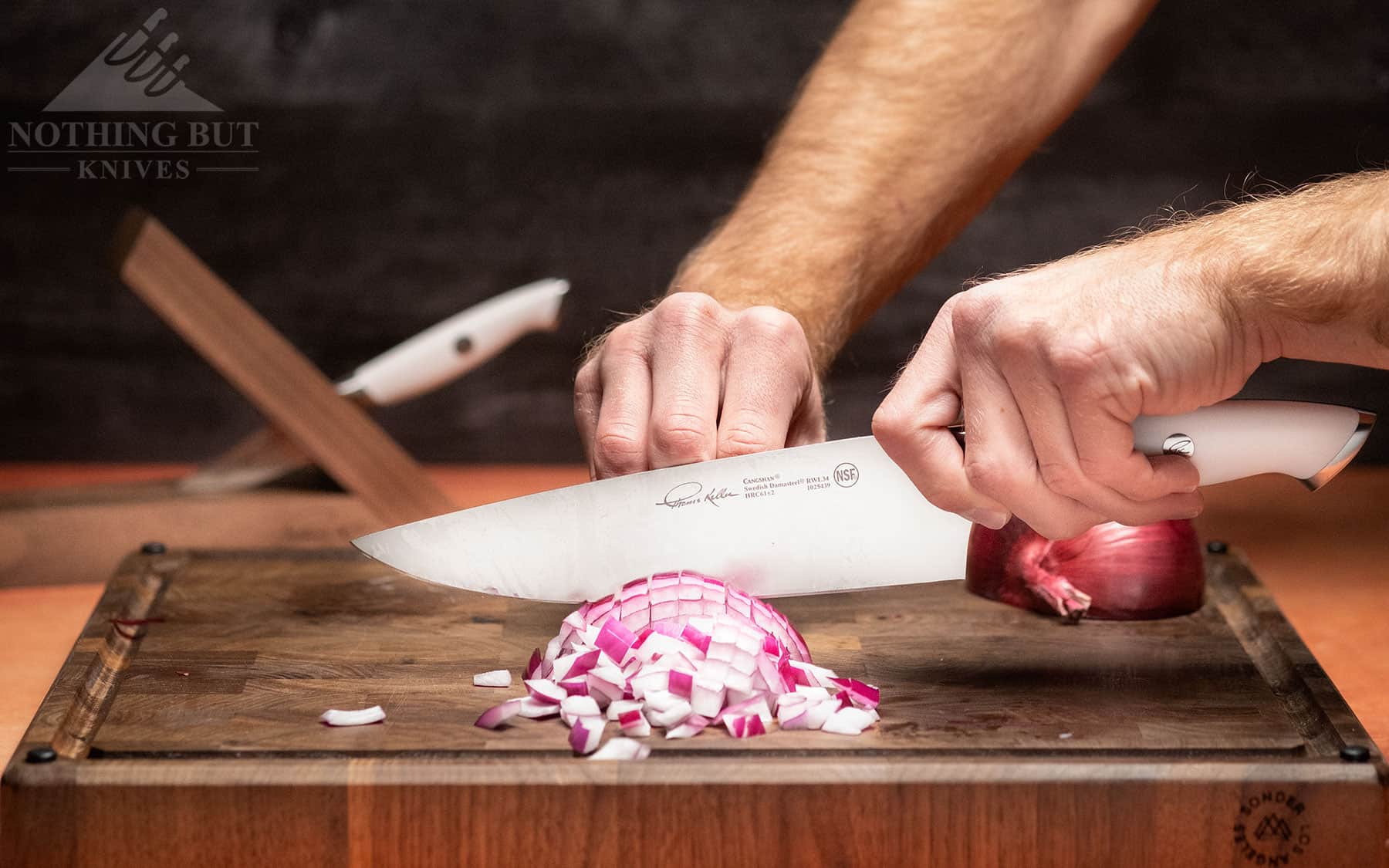 The Thomas Keller chef knife from Cangshan is a great option for dicing vegetables. for 