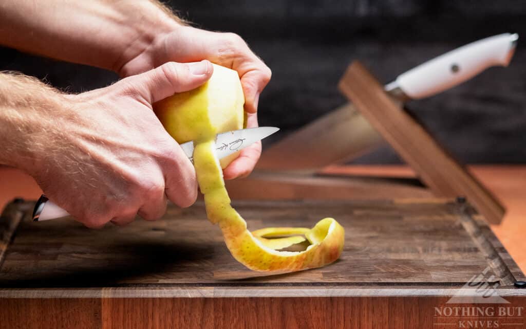 The Cangshan Thomas Keller paring knife peels fruit weel. 
