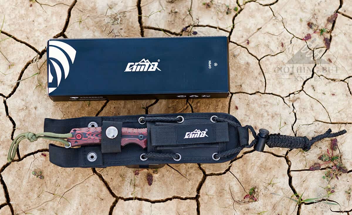 Great budget bushcraft knife from Cima with an unimpressive sheath.