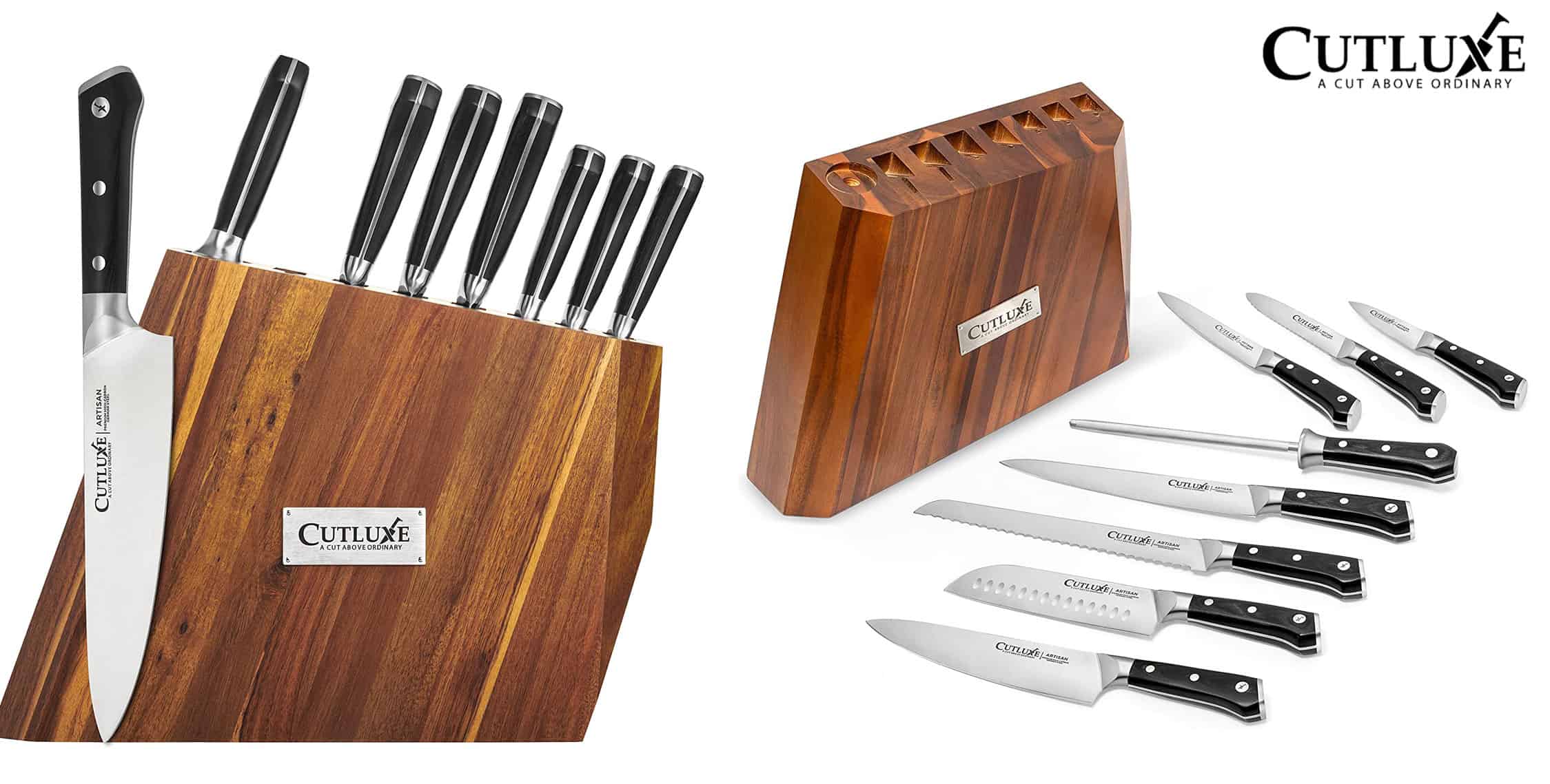 The Cutluxe Artisan 8-piece knife set is one of our favorite kitchen cutlery sets under $300