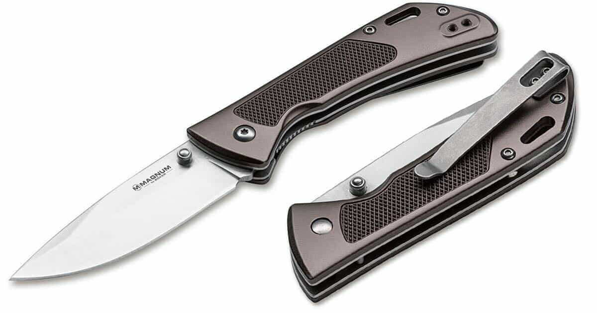 The Boker Magnum Advance Checkering Dark Bronze pocket knife shown in both the open and closed positions on a white background. 