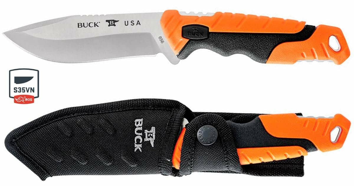 The Buck Pursuit Pro with S35V pictured in it's sheath and out of it's sheath on a white background. 