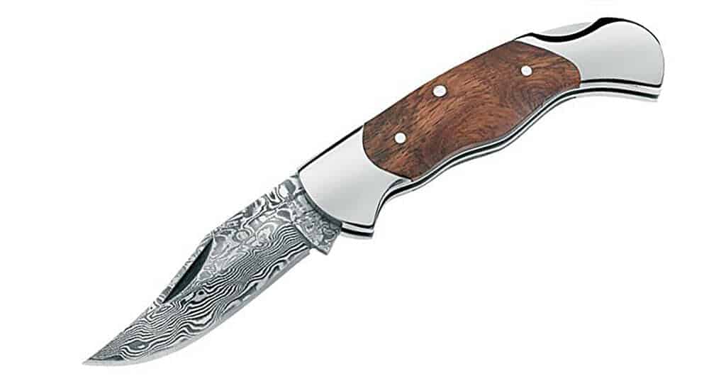 The Boker Magnum Lady folding pocket knife is a quai version of the Buck 110 with Damascus steel. 
