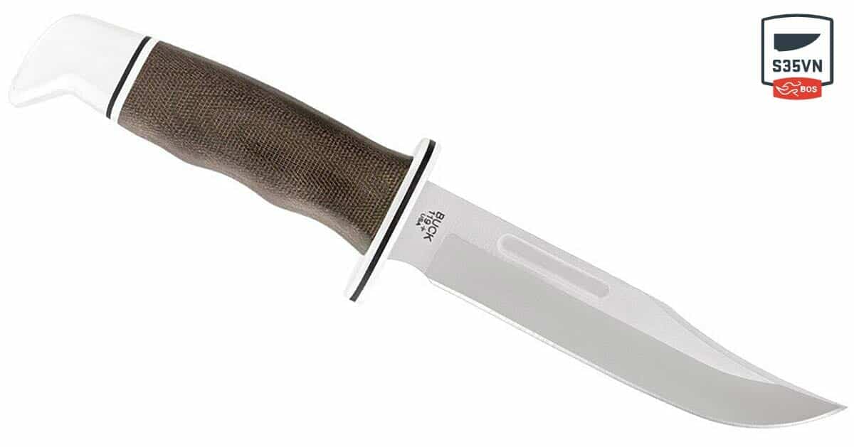 The Buck 119 Pro with a Micarta handle and SV35 steel blade on a white background. 