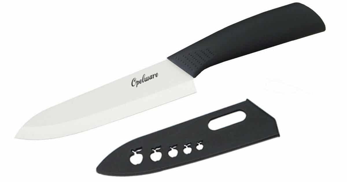 This great busget ceramic chef's knife from Openware ships with a sheath.