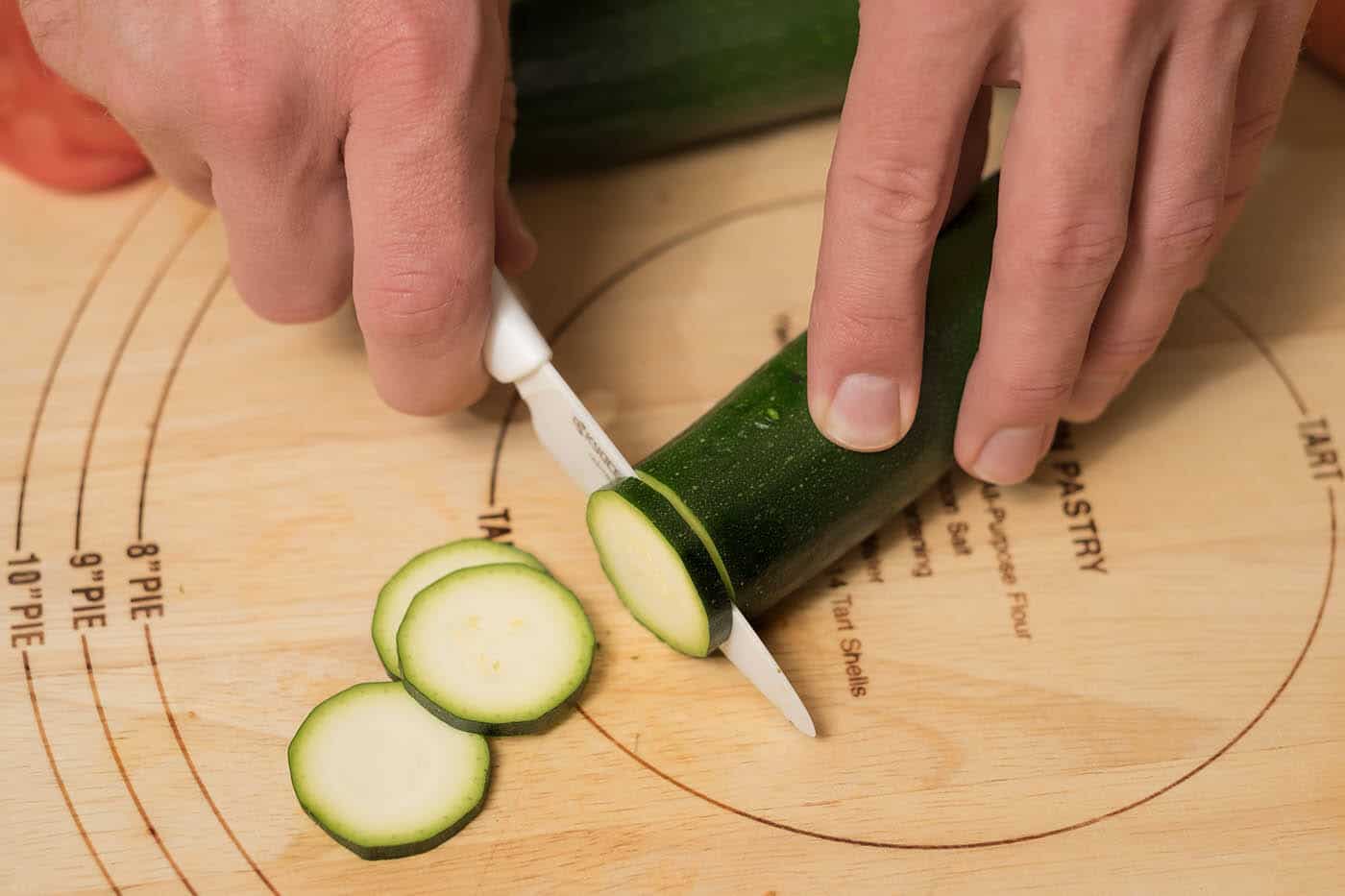 Cutting through a zuchini with ease using the Kyocera paring knife. 