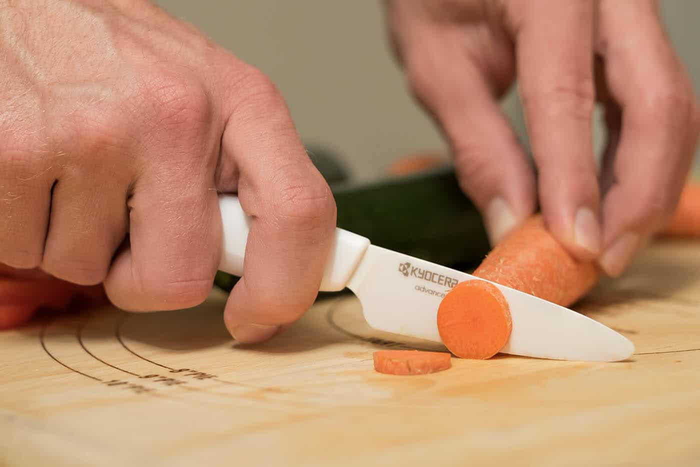 Kyocera Ceramic Revolution Series Paring Knife Review - Image 1 The Kyocers 3 Inch Paring Knife had no problem slicing through carrots in our review.
