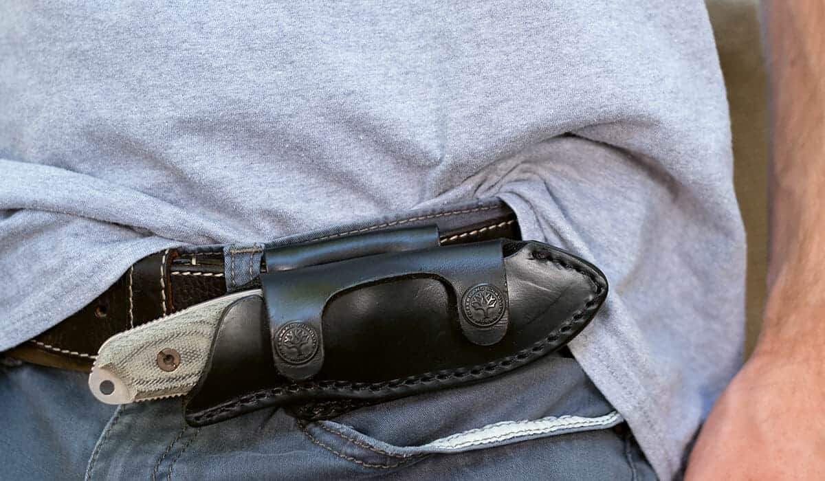 The sheath on this is what really drew my eye to this knife, though. It’s pretty different from most leather sheaths you’ll see, and Boker clearly put some thought and pains into making it work for the knife.