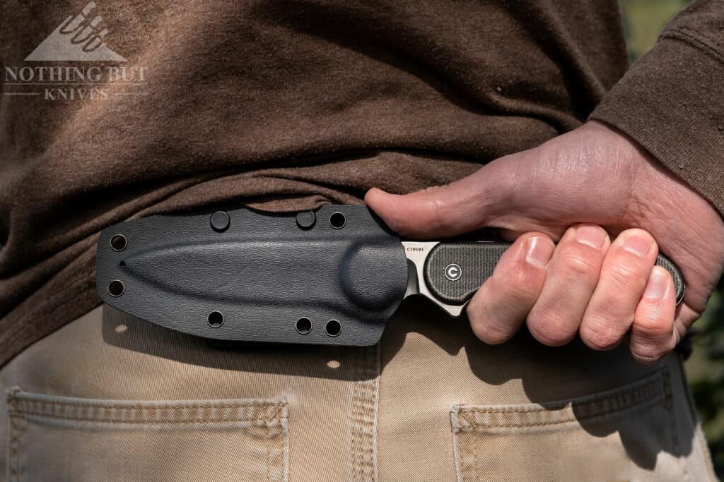 The Civivi Elementum fixed blade ships stock with an ambidextrous horizontal carry sheath
