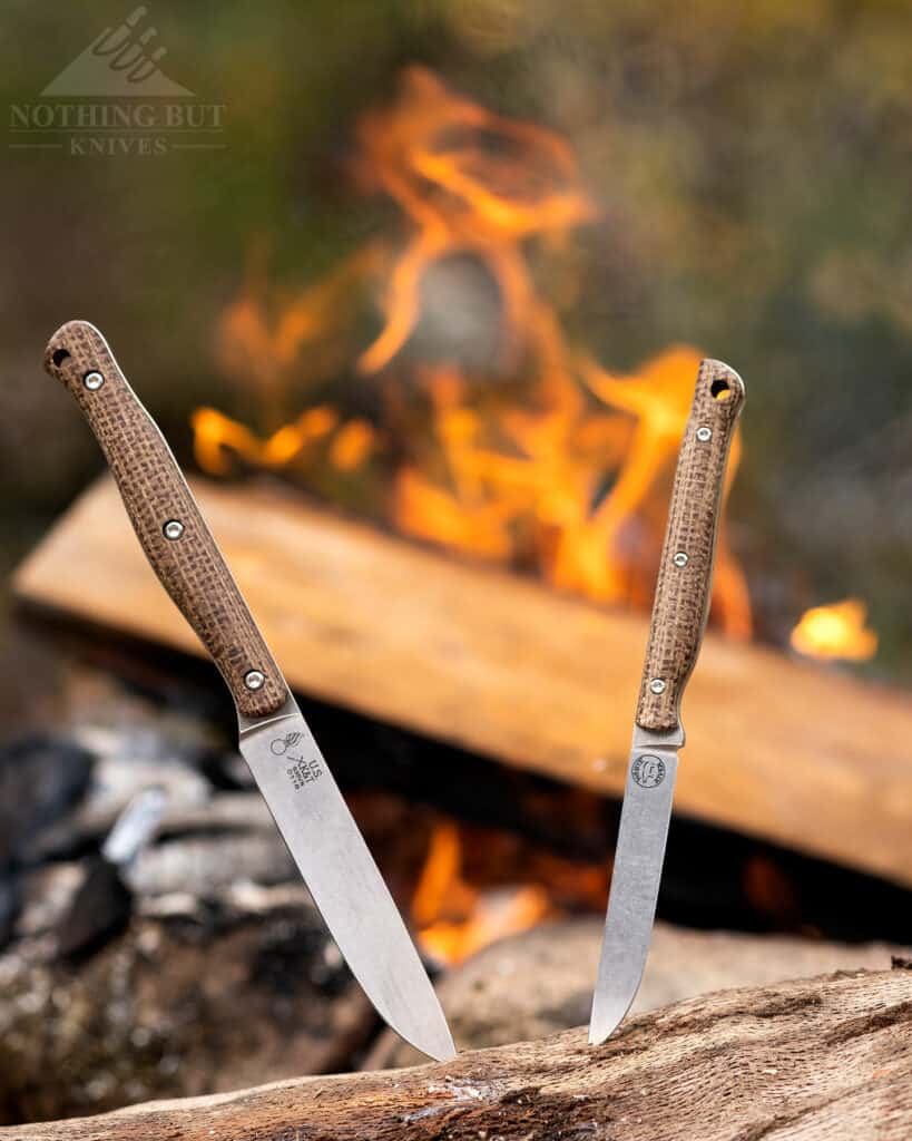 The White River Knives Exodus 3 and 4 are great camping and small game hunting knives. 