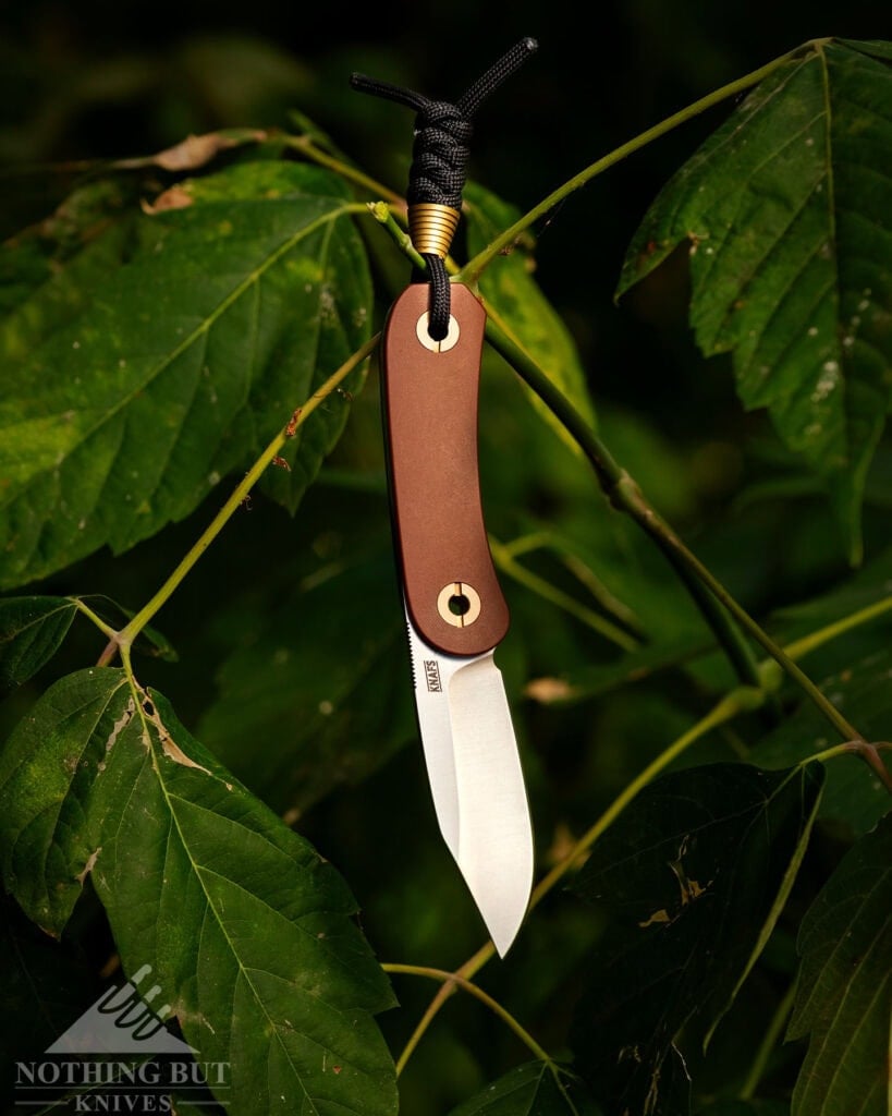 Best Horizontal Carry Knives - Continuous Update - Image 9 A close-up of the Knafs Lander 4 compact, fixed blade knife hanging from a small tree branch surrounded by dark green leaves.