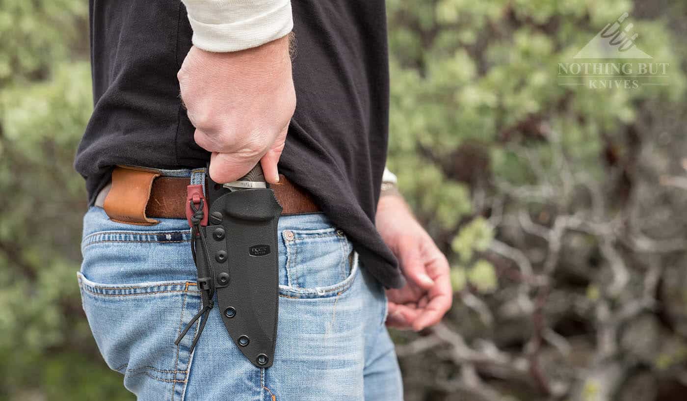 The Buck Selkirj sheath configured for horizontal ghost carry.