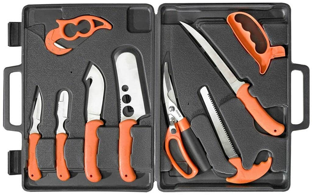 This large hunting knife set from Ruko has everything a hunter could need, and it ships with a tough case.