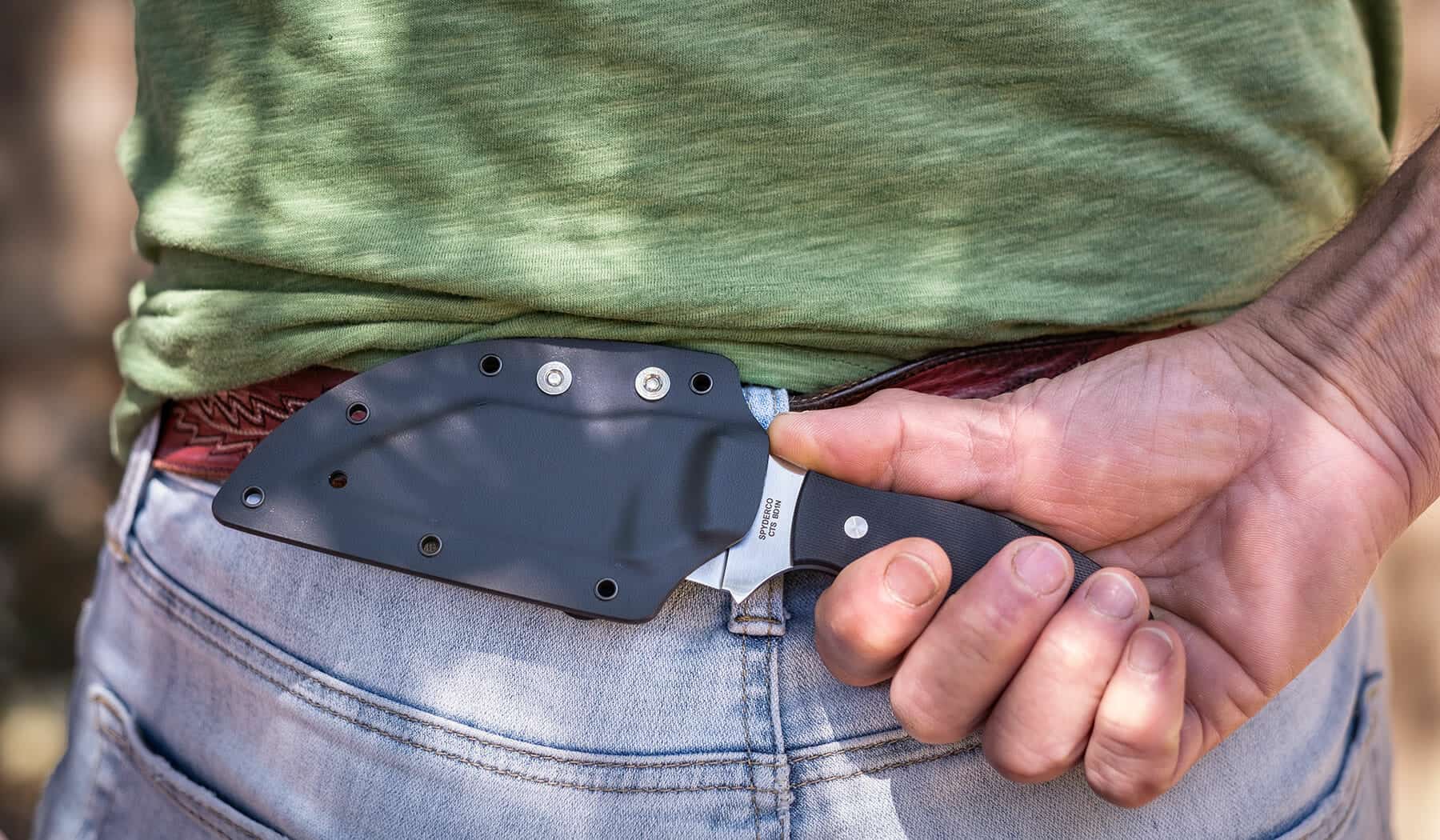 The Ronin's belt clip makes it easy to move the knife from fronthorizontal carry to scout carry pictured here..