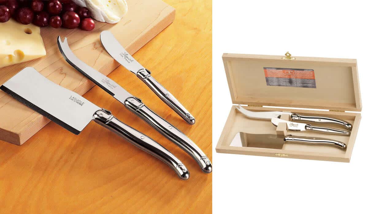 This excellent cheese knife set ships with a wood block. 