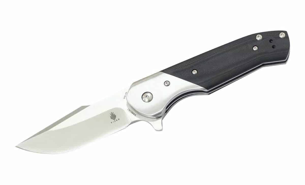 Silver and black handled Kizer Vanguard Model A1 Kane folding knife.
