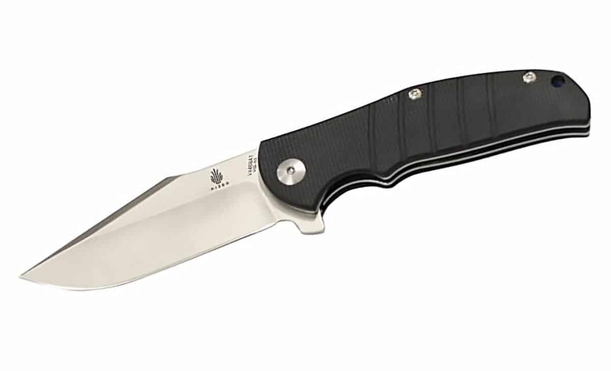 The Kizer Vanguard Intrepid, black handled folding knife.