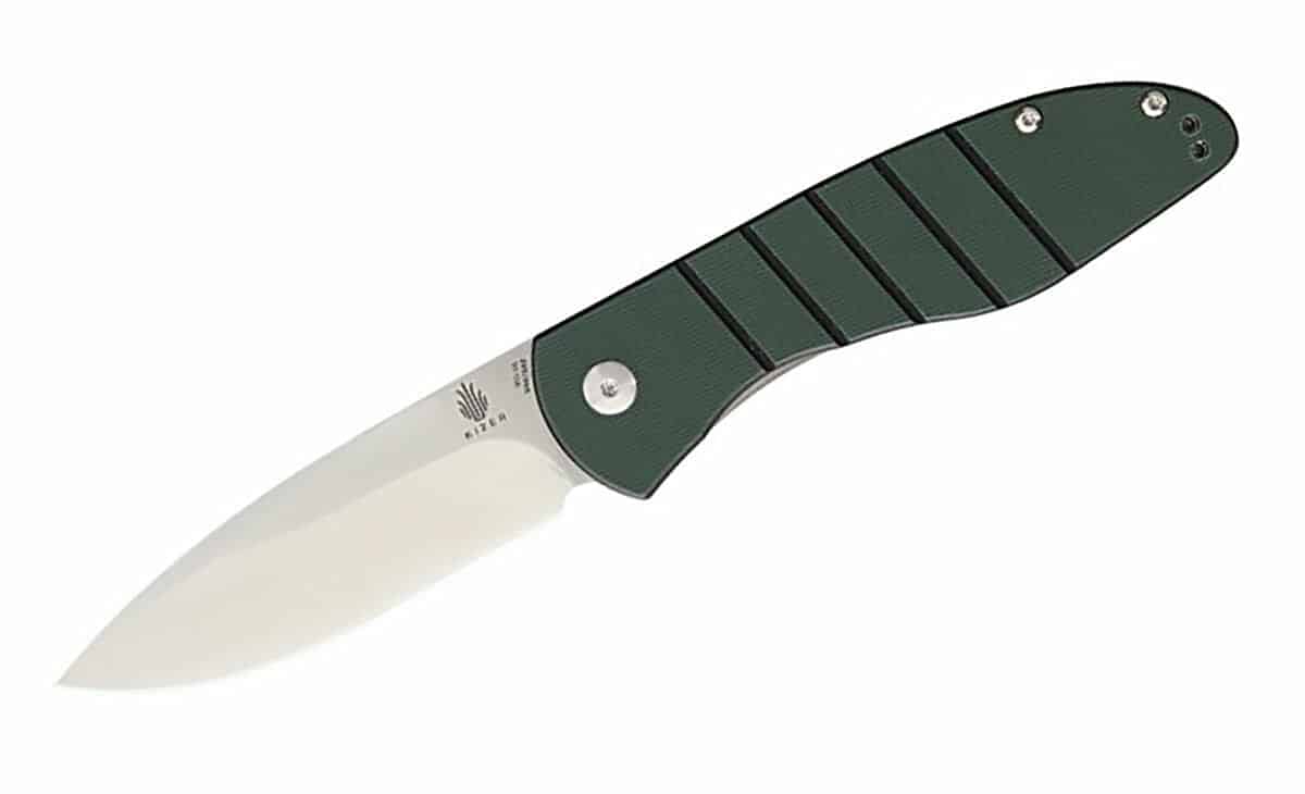The Kizer Vanguard Velox 2 folding knife with green handle.