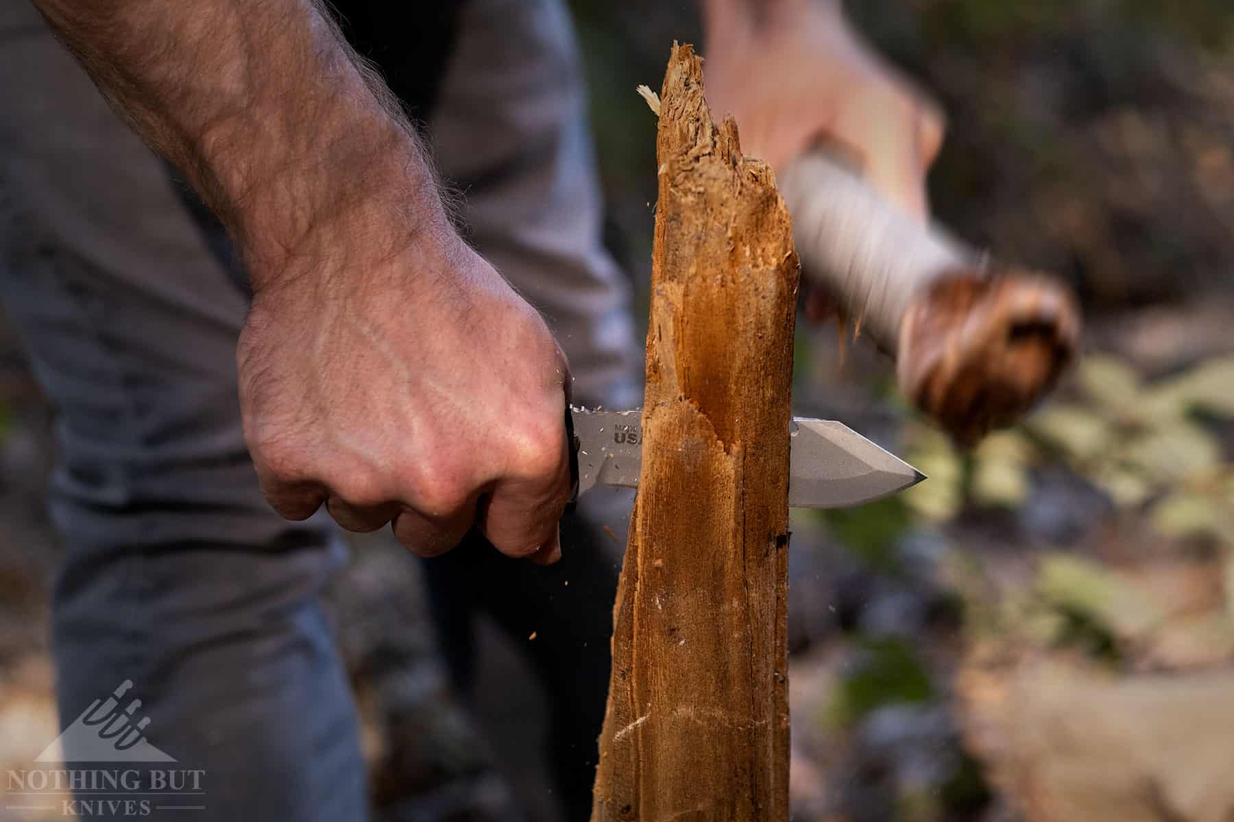 The blade geaometry and tough steel make the Backpacker's Bowie ideal for tackling woodworking tasks around the campsite.