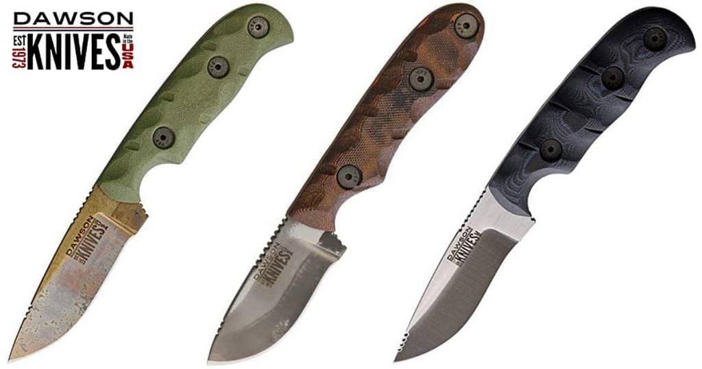 Three American Made Dawson Knives tilted at an angle. 