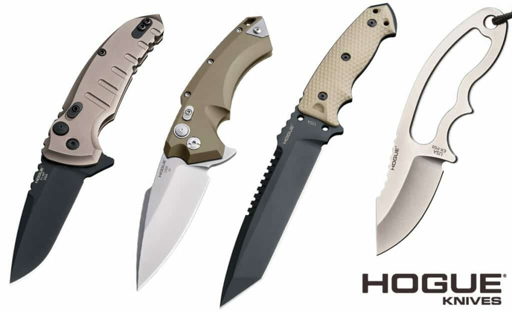 Two fixed blade Hogue knives and two folding Hogue knives on a white background with the Hogue logo in the bottom left corner. 