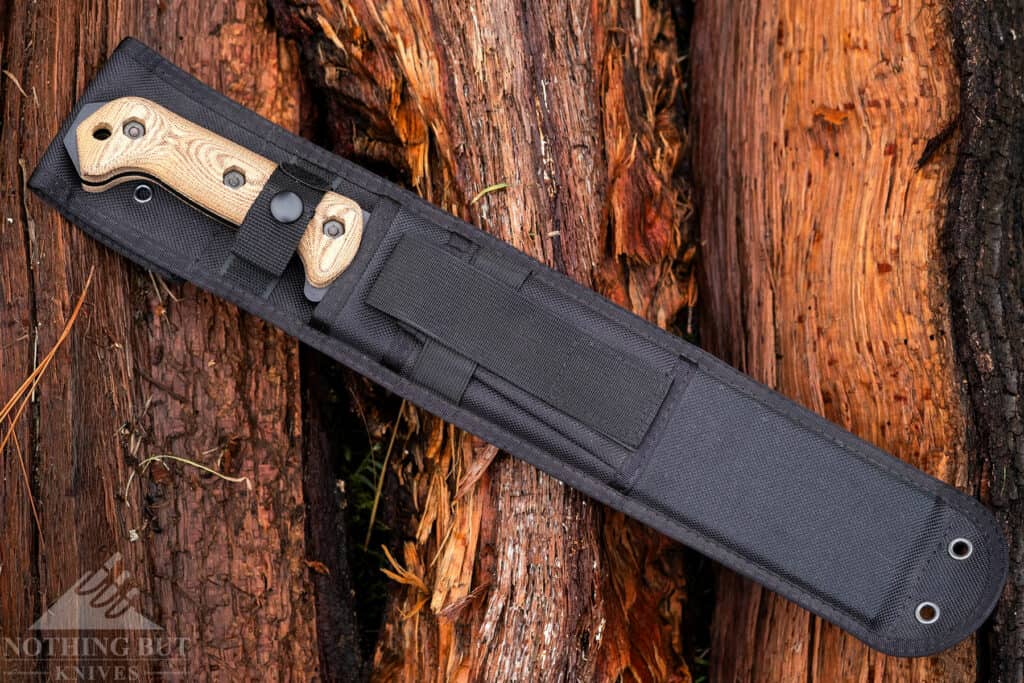 The nylon sheath that ships with the BK20 is durable, and it has leg tie-down holes. 