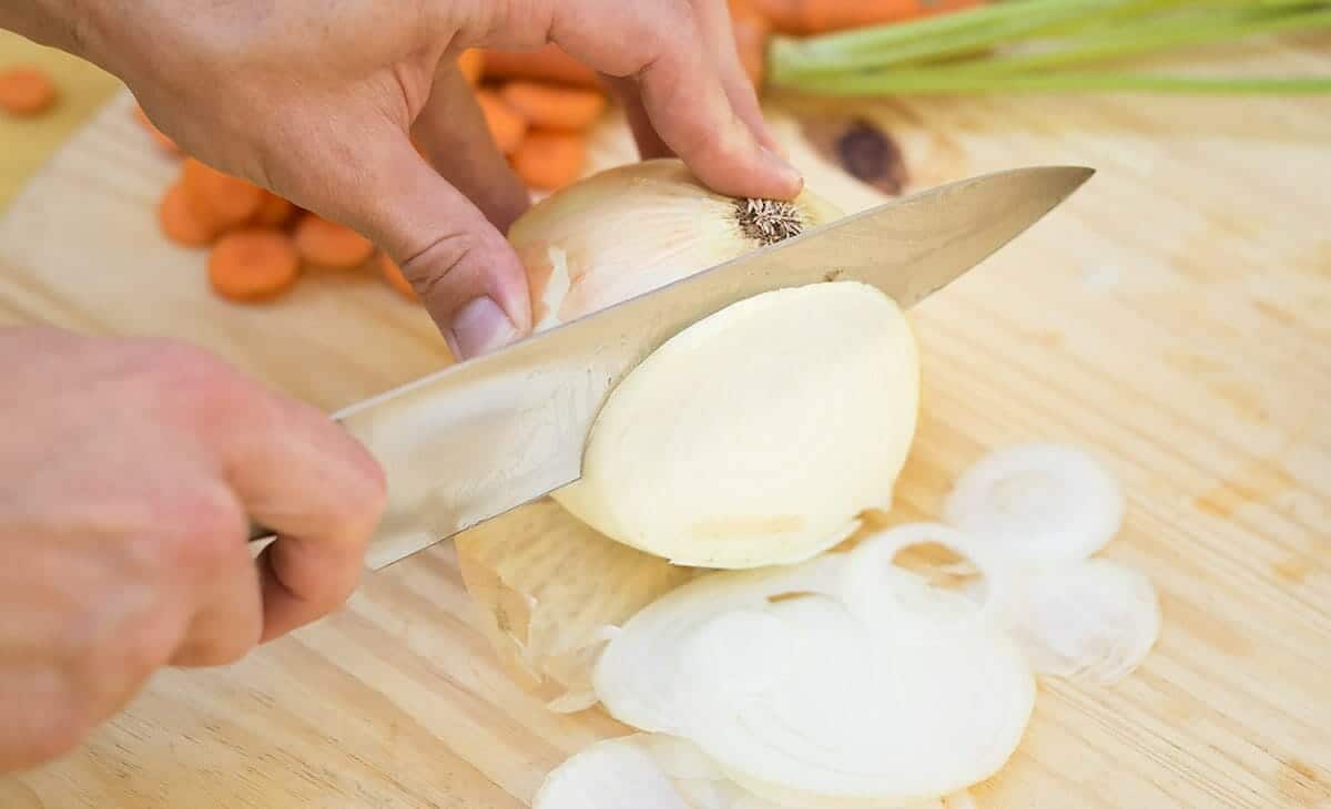 Cutting onions with the Kaizen chef knife.