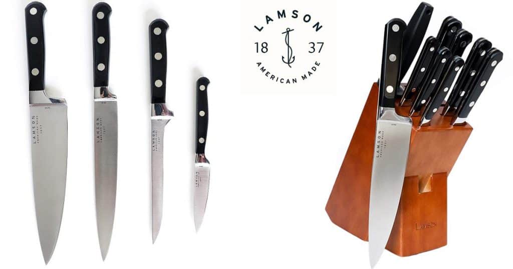 A Lamson knife set and individual knives on a white background. 