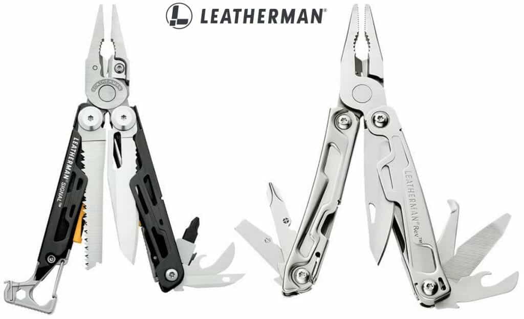 Two Leatherman multitools in the fanned position on a white background. 